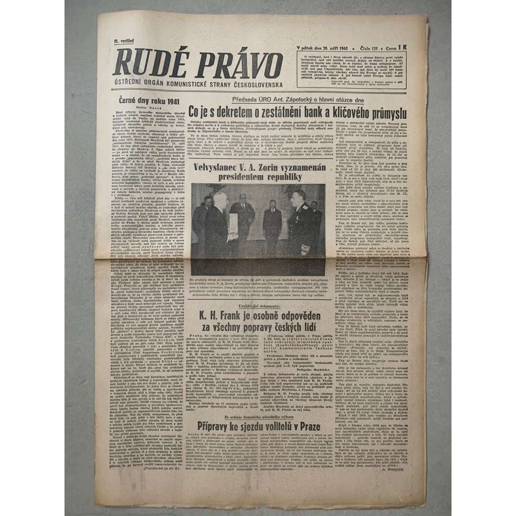 Rudé právo (28.9.1945) - 1. republika, staré noviny