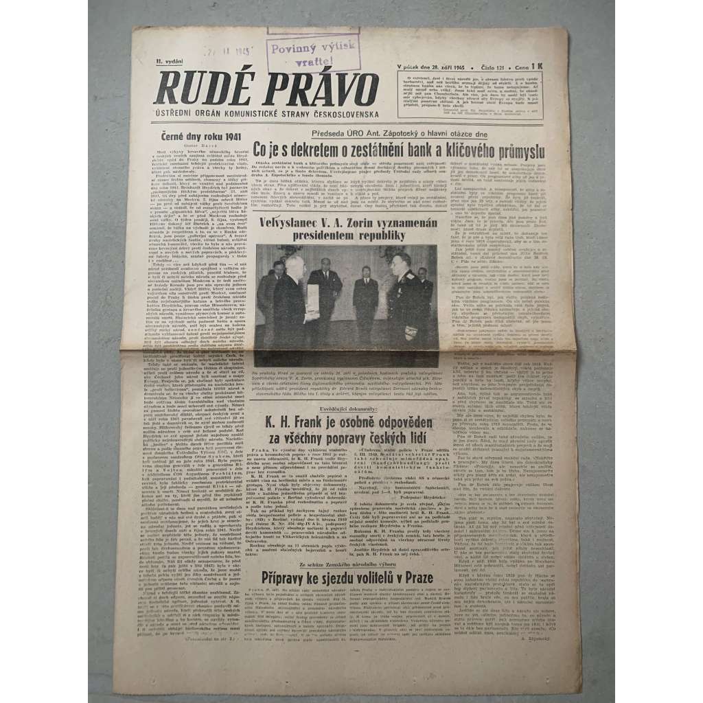 Rudé právo (28.9.1945) - 1. republika, staré noviny