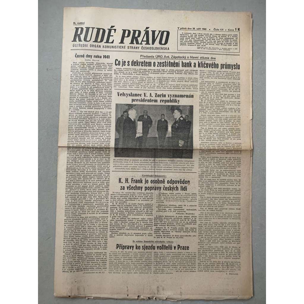 Rudé právo (28.9.1945) - 1. republika, staré noviny