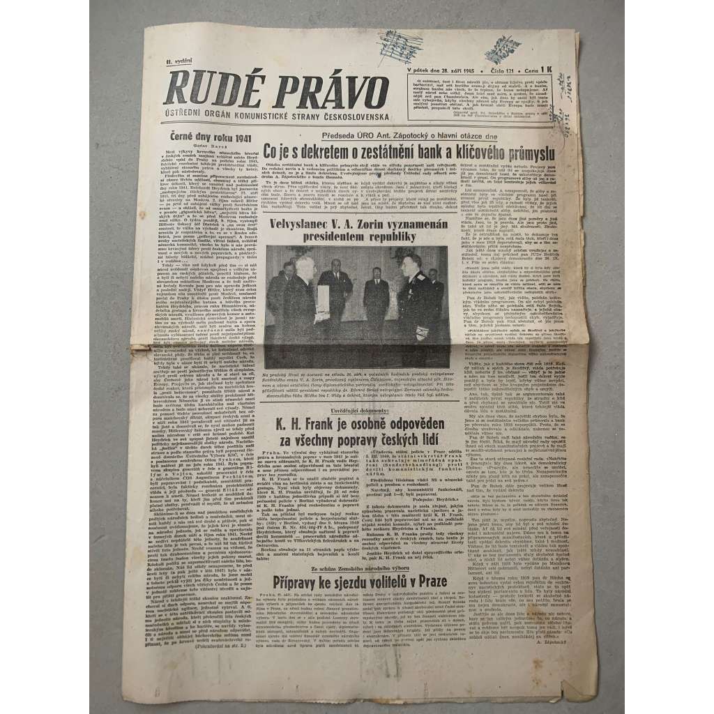 Rudé právo (28.9.1945) - 1. republika, staré noviny