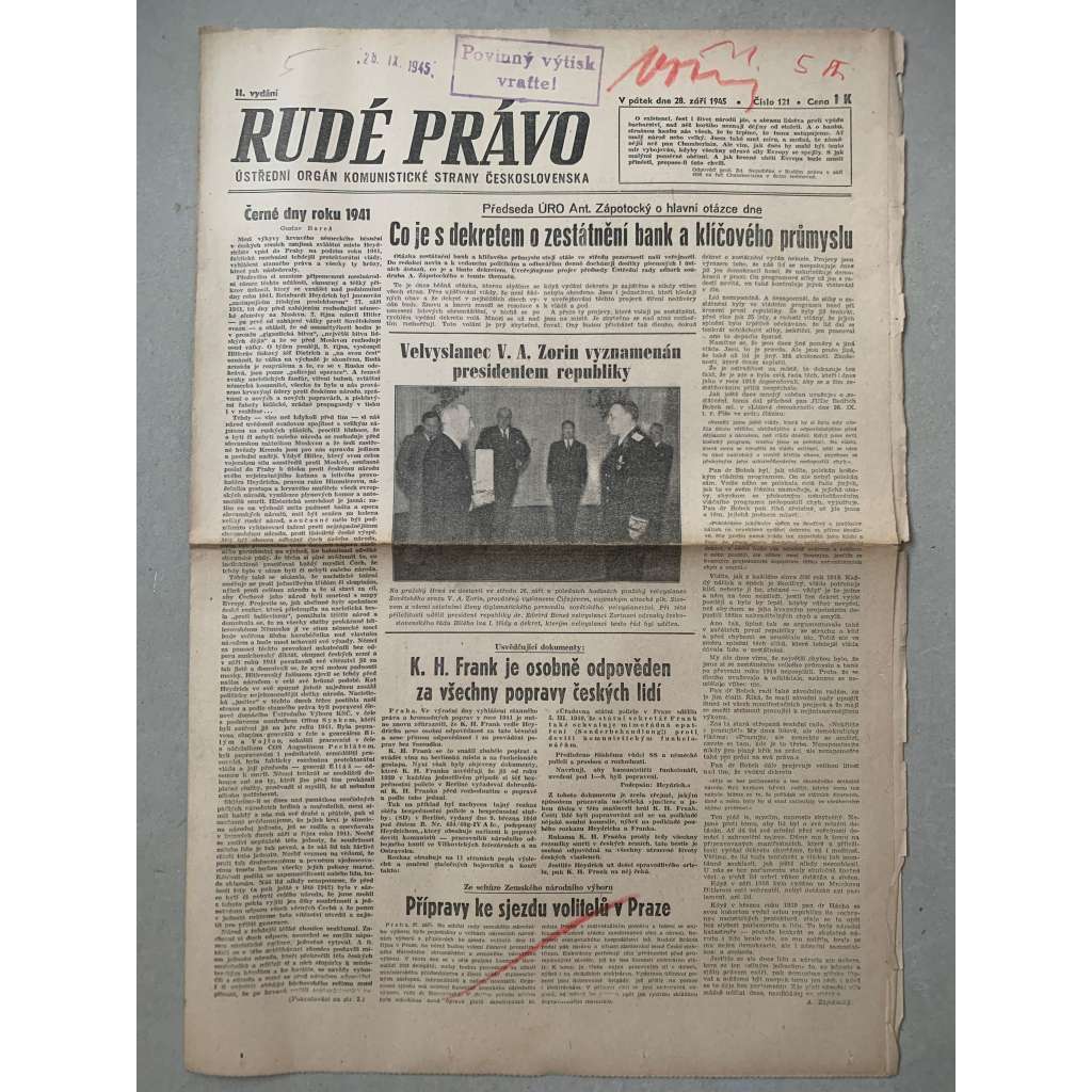 Rudé právo (28.9.1945) - 1. republika, staré noviny