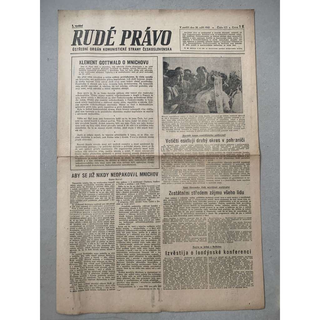 Rudé právo (30.9.1945) - 1. republika, staré noviny