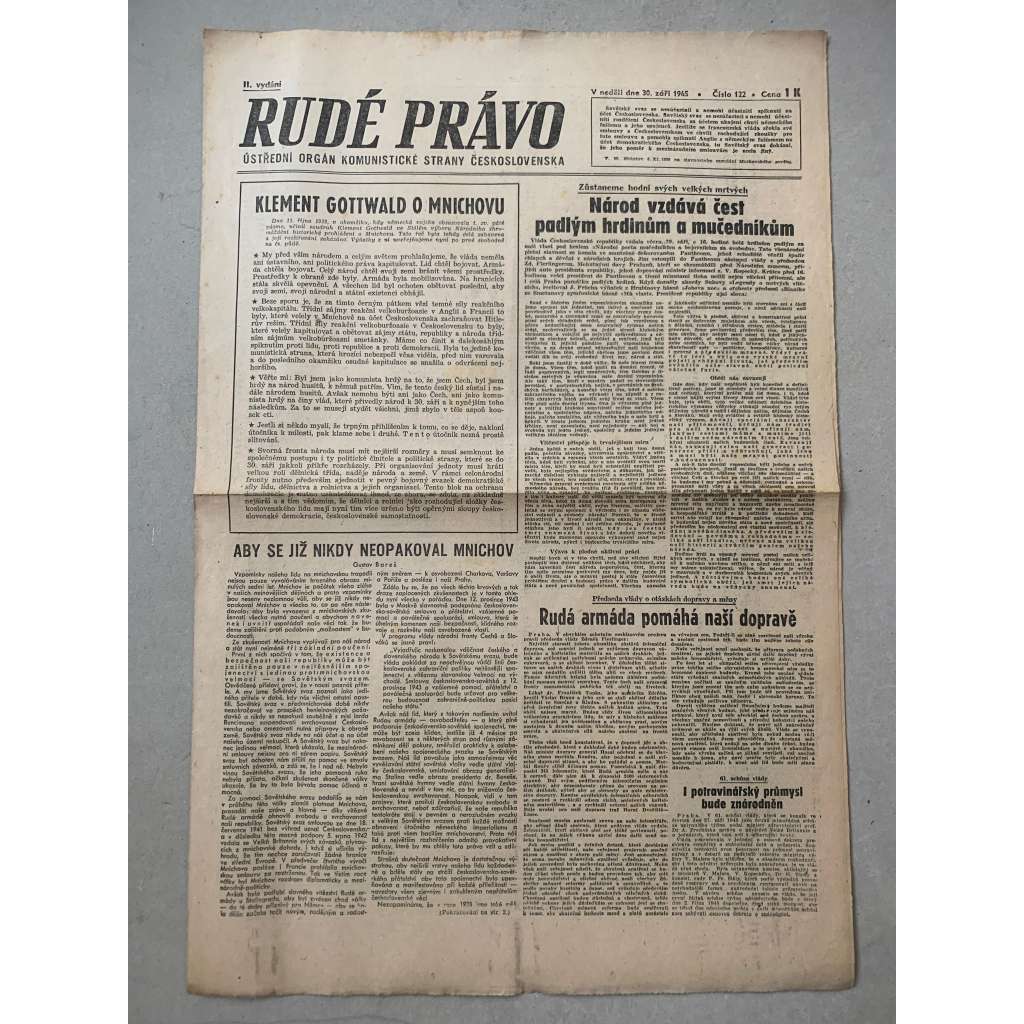 Rudé právo (30.9.1945) - 1. republika, staré noviny