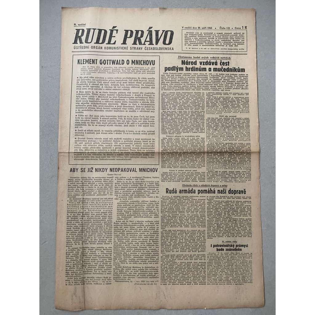 Rudé právo (30.9.1945) - 1. republika, staré noviny