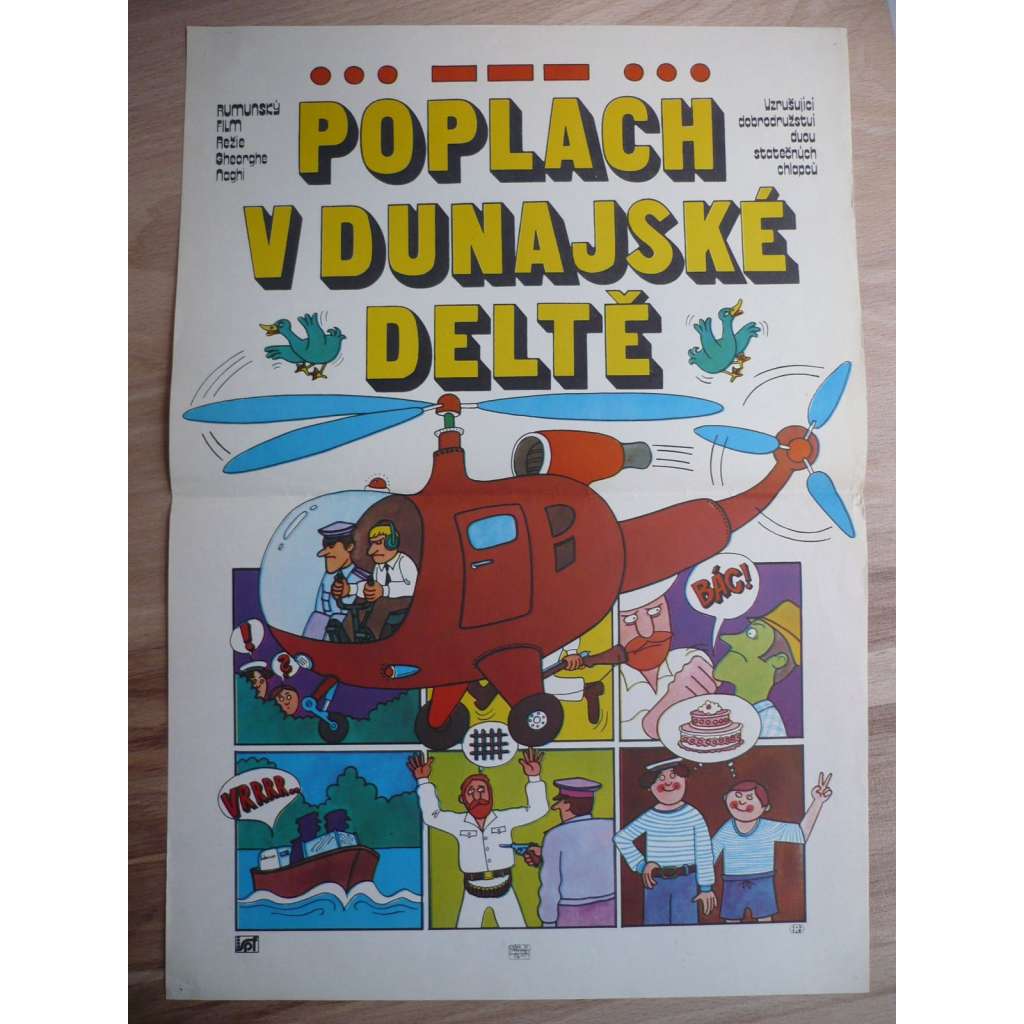 Poplach v dunajské deltě (filmový plakát, film Rumunsko 1975, režie Gheorghe Naghi, Hrají: Matei Alexandru, Ștefan Mihăilescu-Brăila, Jean Lorin Florescu)