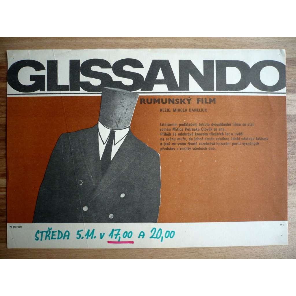 Glissando (filmový plakát, film Rumunsko 1985, režie Mircea Daneliuc, Hrají: Stefan Iordache, Tora Vasilescu, Petre Simionescu)