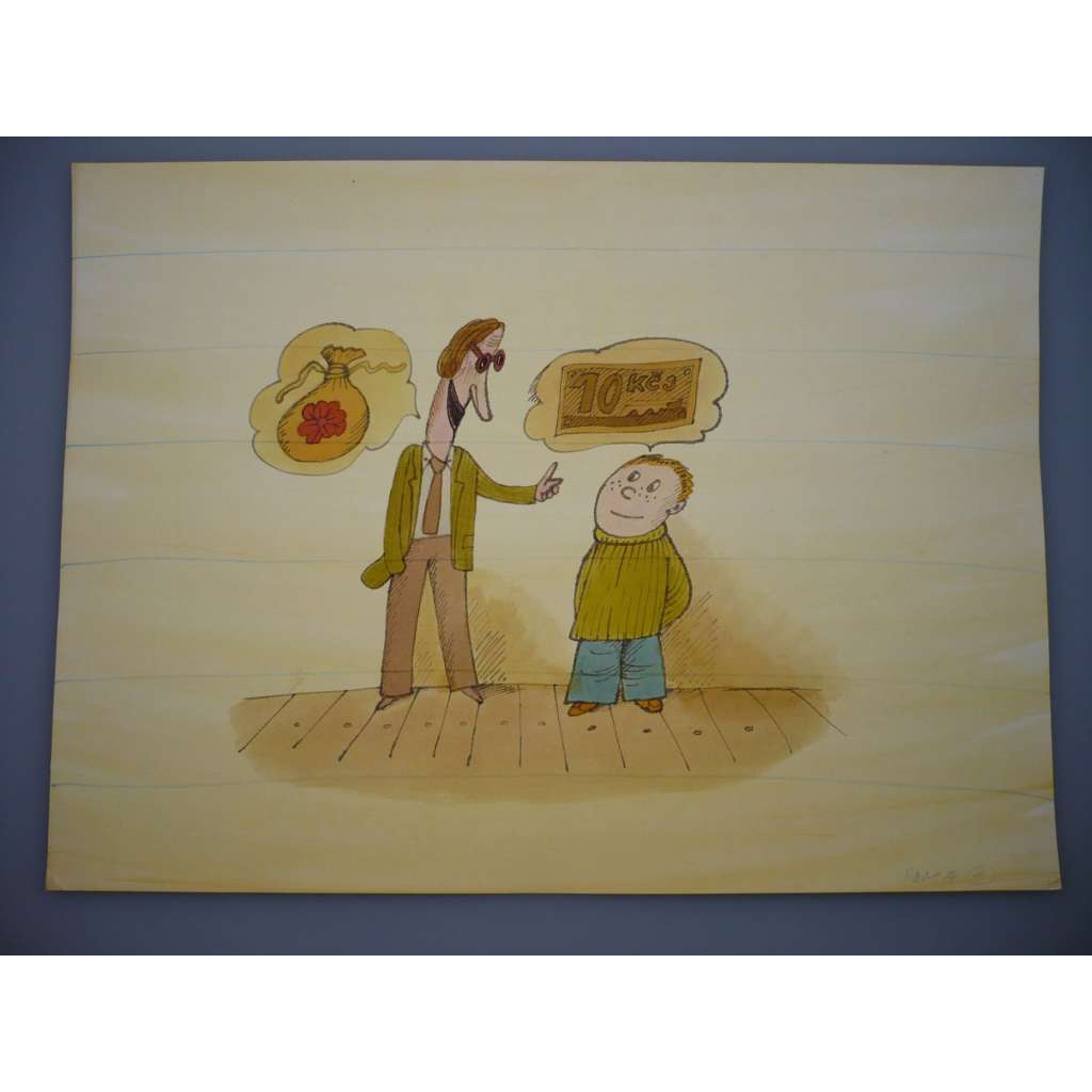 Peníze, otec a syn (Petr Poš , originál akvarel, televizní titulky, razítko ČST)