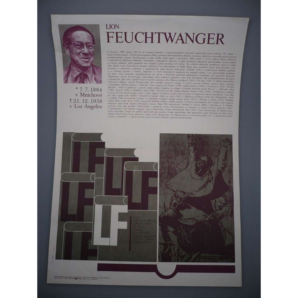 Plakát - Lion Feuchtwanger 1884 - 1958 - spisovatel - vydáno 1984