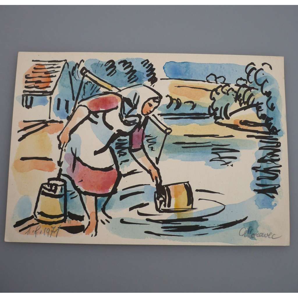 Alois Moravec (1899 - 1987) - PF 1971 Pro vodu - Akvarel, signovaná grafika