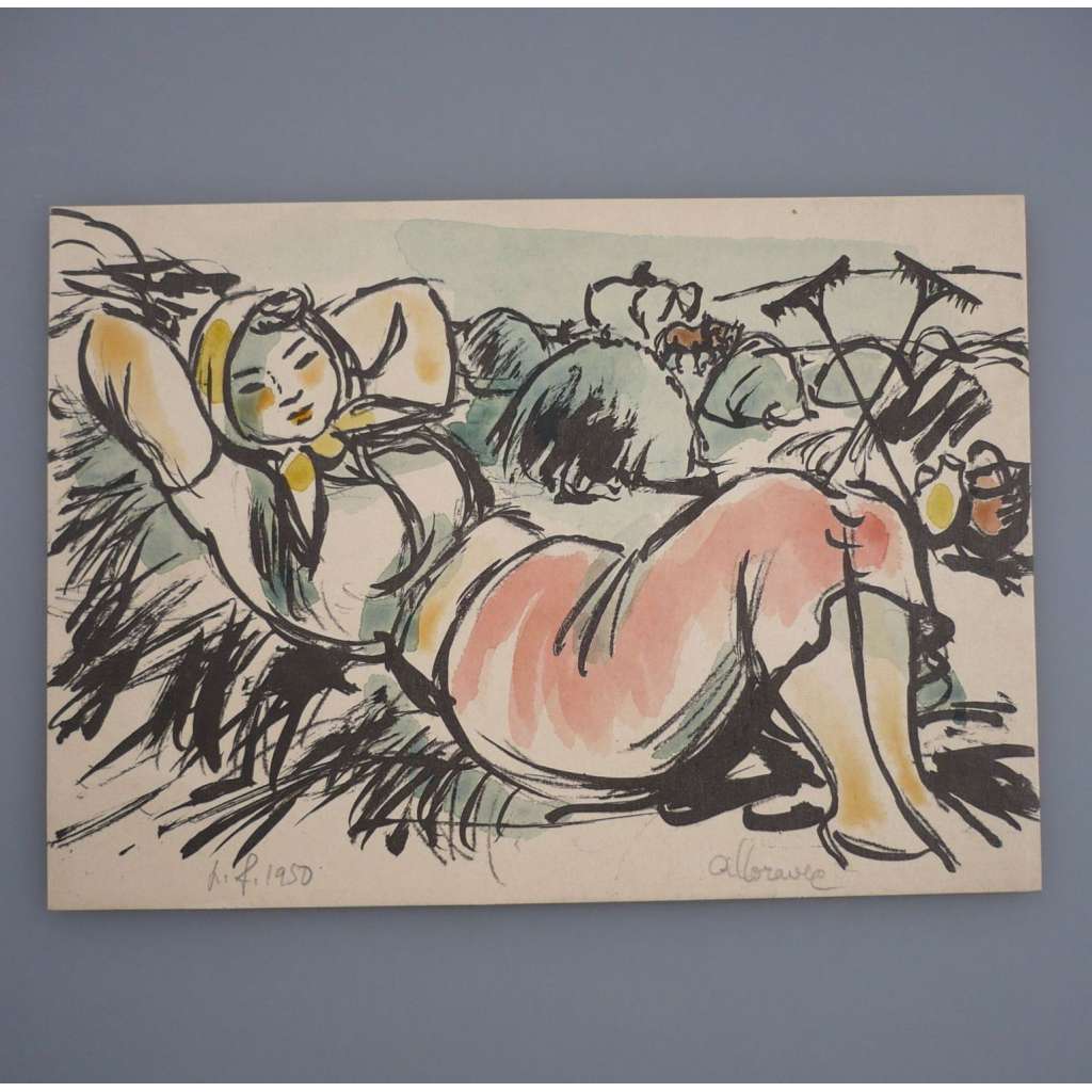 Alois Moravec (1899 - 1987) - PF 1950 Odpočinek - Akvarel, signovaná grafika