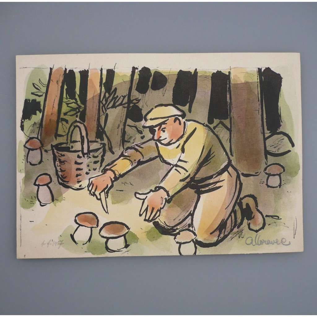 Alois Moravec (1899 - 1987) - PF 1957 Houbař - Akvarel, signovaná grafika