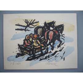 Alois Moravec (1899 - 1987) - PF 1964 Na saních - Akvarel, signovaná grafika
