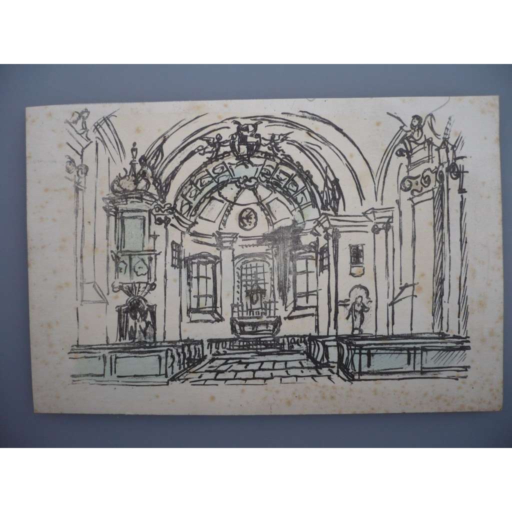 Vladimír Pecháček (1909 - 1969) - Presbytář zámeckého kostela blahoslavené Juliány  Brtnice - Kresba, na zadní straně razítko W. M. A. Schwarzenberg