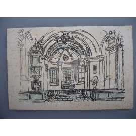 Vladimír Pecháček (1909 - 1969) - Presbytář zámeckého kostela blahoslavené Juliány  Brtnice - Kresba, na zadní straně razítko W. M. A. Schwarzenberg