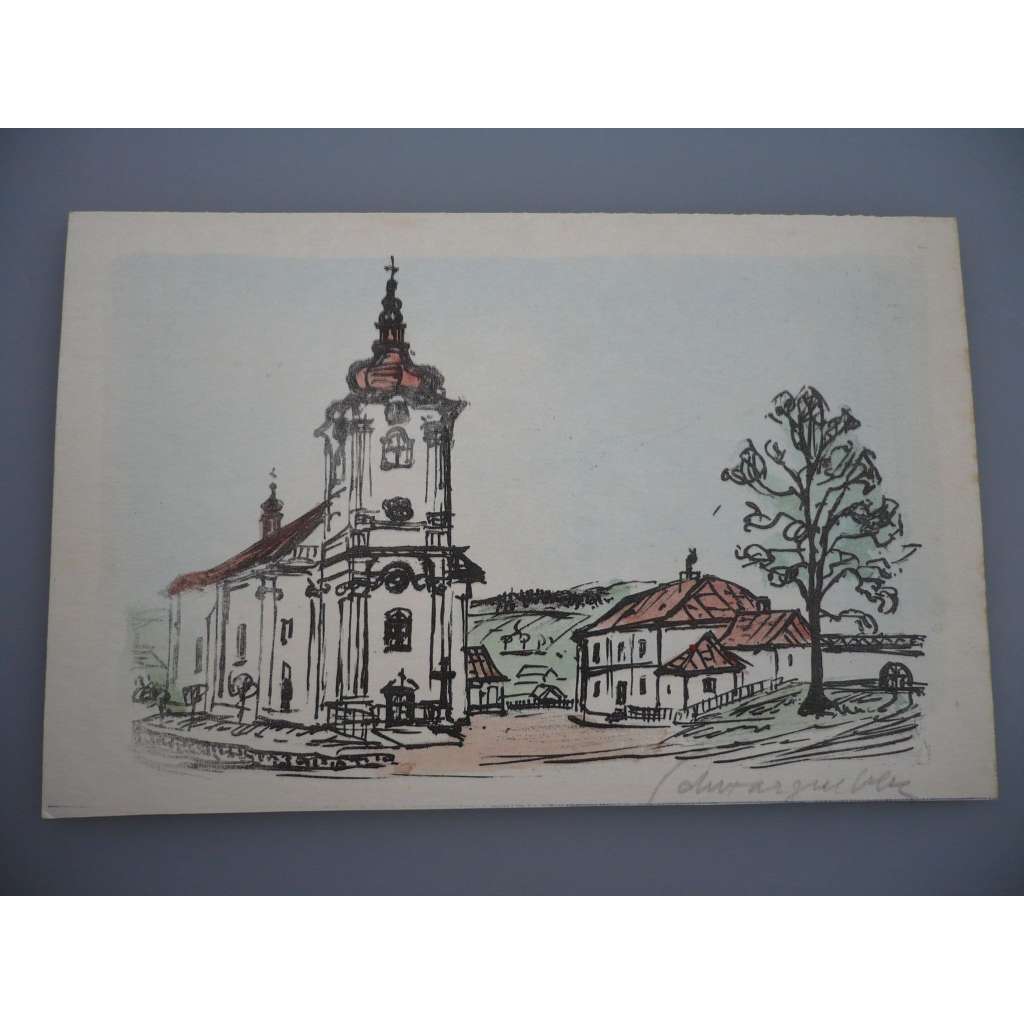 Vladimír Pecháček (1909 - 1969) - Farní kostel sv. Jakuba  Brtnice u Jihlavy - Kresba, signovaná grafika, na zadní straně razítko W. M. A. Schwarzenberg