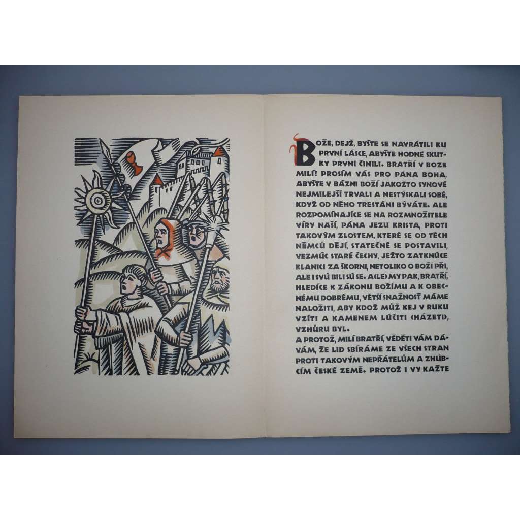 Alois Moravec (1899 - 1987) - Boží bojovníci - Kolorovaný dřevoryt, signovaná grafika