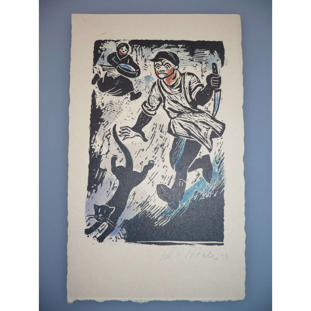 Karel Štěch (1908 - 1982) - Zloděj kočka (1943) - Dřevoryt, signovaná grafika