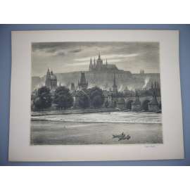 Viktor Stretti (1878 - 1957) - Hradčany k večeru - Litografie 1948, signovaná grafika
