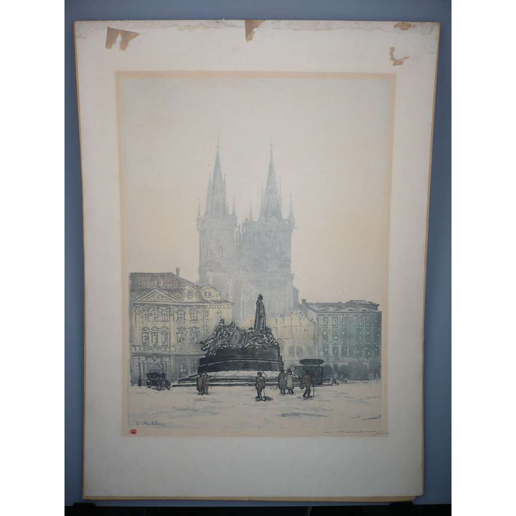 Vladislav Röhling (1878 - 1949) - Staroměstské náměstí - Lept (nalepeno na kartonu), signovaná grafika