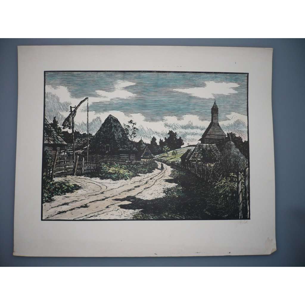 J. Řehák  -  Vesnice na Zakarpatské Ukrajině - Barevný dřevoryt, signovaná grafika (Ukrajina ,Zakarpatí )