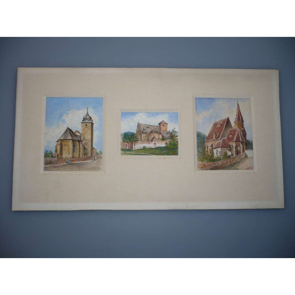 S. Hofbauer - Tři kostely - Kresby a akvarelem 1901, signovaná grafika