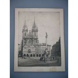 Vlastimil Rada (1895 - 1962) - Staroměstské náměstí - Akvatinta, signovaná grafika Mariánský sloup
