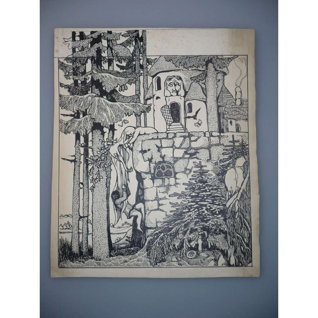 Josef Wenig (1885 - 1939) - Princezna ve věži - Ilustrační kresba tuší, signovaná grafika