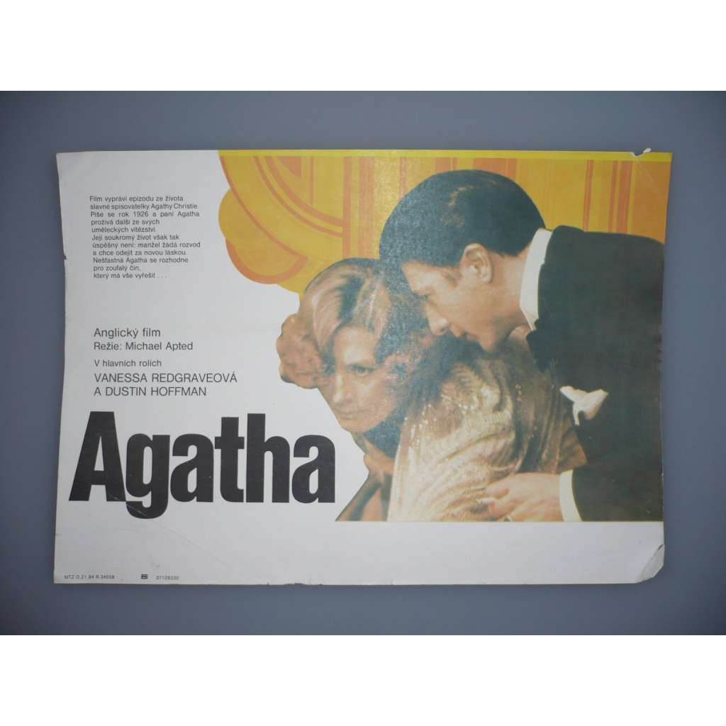 Agatha (filmový plakát, papírová fotoska, slepka, film VB 1979, režie Michael Apted, Hrají: Dustin Hoffman, Vanessa Redgrave, Timothy Dalton)
