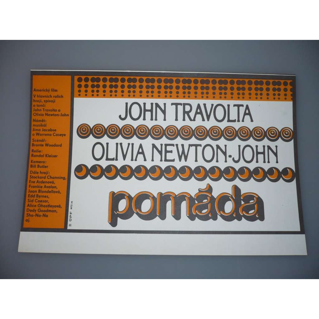 Pomáda (filmový plakát, papírová fotoska, slepka, film USA 1978, režie Randal Kleiser, Hrají: John Travolta, Olivia Newton-John, Stockard Channing)