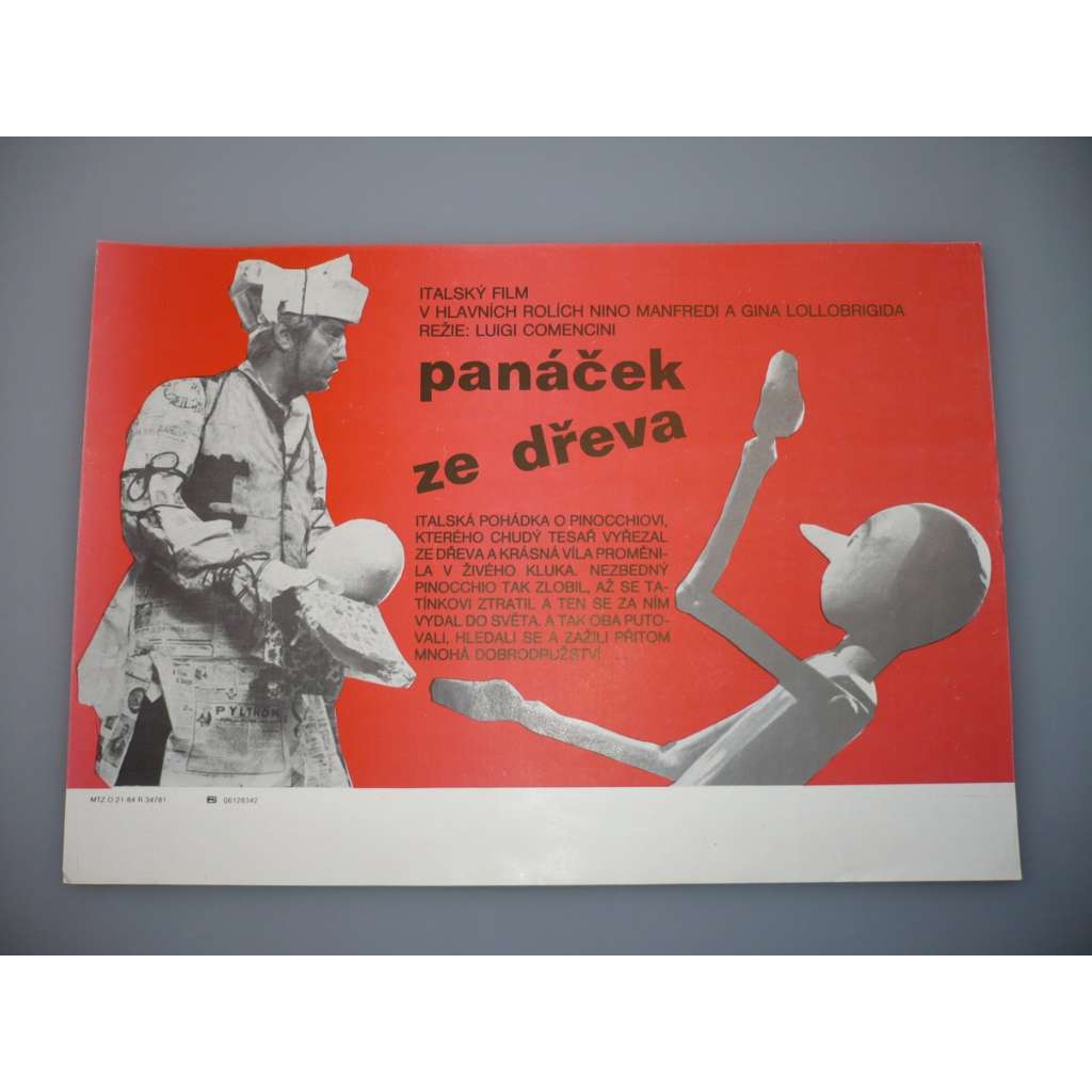 Panáček ze dřeva (filmový plakát, papírová fotoska, slepka, film Itálie 1972, režie Luigi Comencini, Hrají: Nino Manfredi, Gina Lollobrigida, Ciccio Ingrassia)