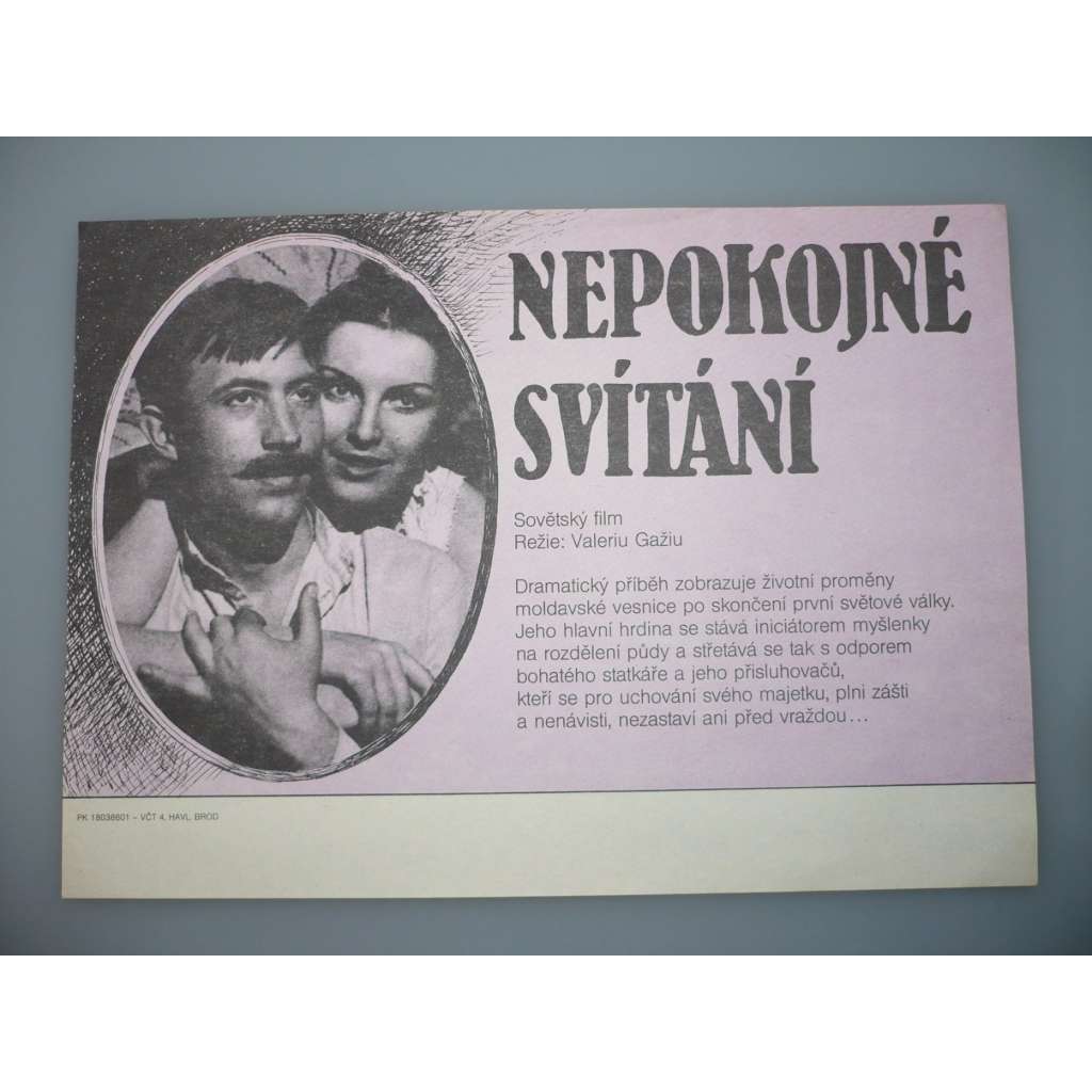 Nepokojné svítání (filmový plakát, papírová fotoska, slepka, film SSSR, režie Valeriu Gažiu)