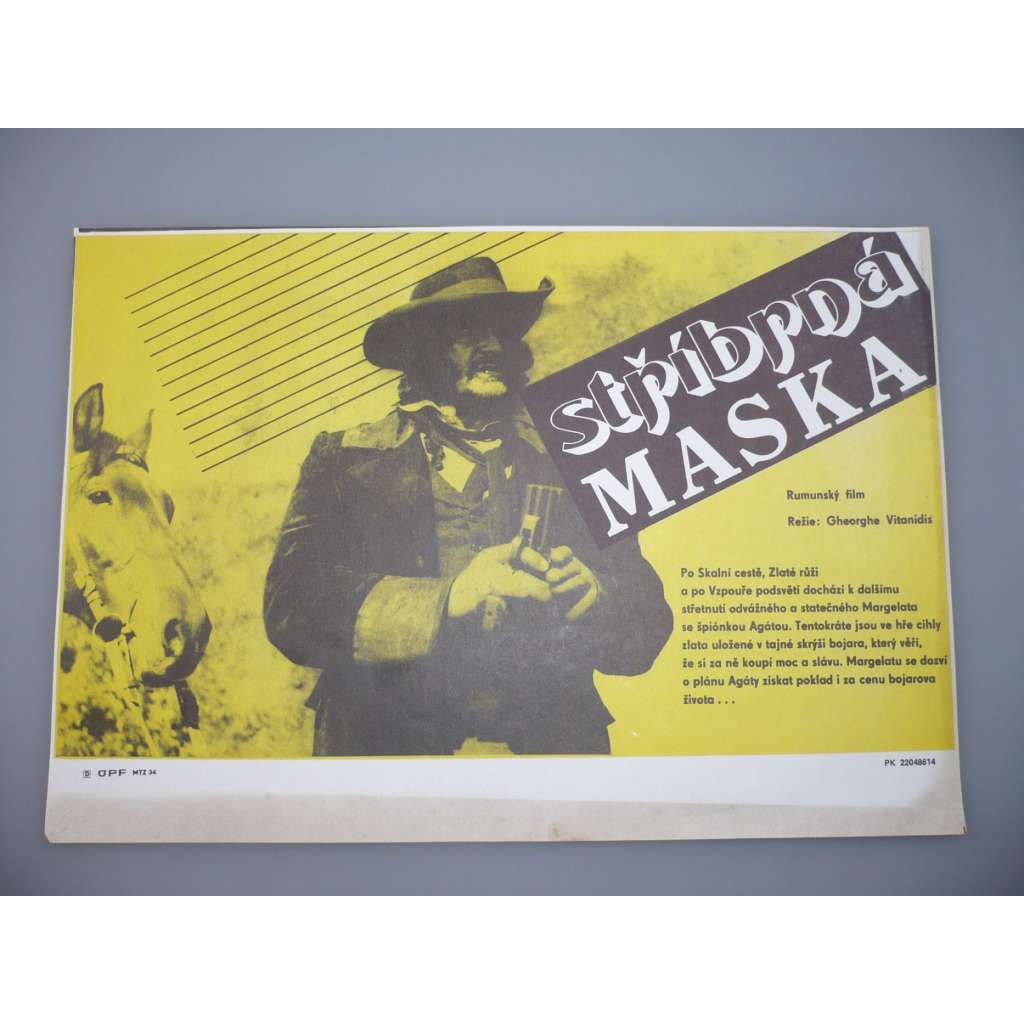 Stříbrná maska (filmový plakát, papírová fotoska, slepka, film Rumunsko 1985, režie Gheorghe Vitanidis, Hrají: Ion Besoiu, Marga Barbu, George Alexandru)