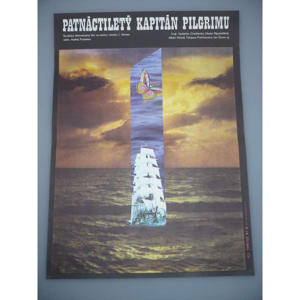 Patnáctiletý kapitán Pilgrimu (filmový plakát, film SSSR 1986, režie Andrej Pračenko, Hrají: Lev Durov, Leonid Jarmolnik, Albert Filozov)