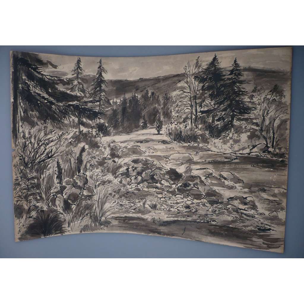 Karel Kareš Slabý (1923 - 1972) - Partie kolem řeky - Kresba perem a tuší (1957), signovaná grafika