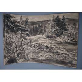 Karel Kareš Slabý (1923 - 1972) - Partie kolem řeky - Kresba perem a tuší (1957), signovaná grafika