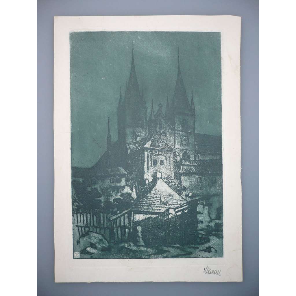 Gustav S. Maran (1886 - 1983) - Emauzský klášter na Slovanech (původní stav) - Lept (cca 1930), signovaná grafika