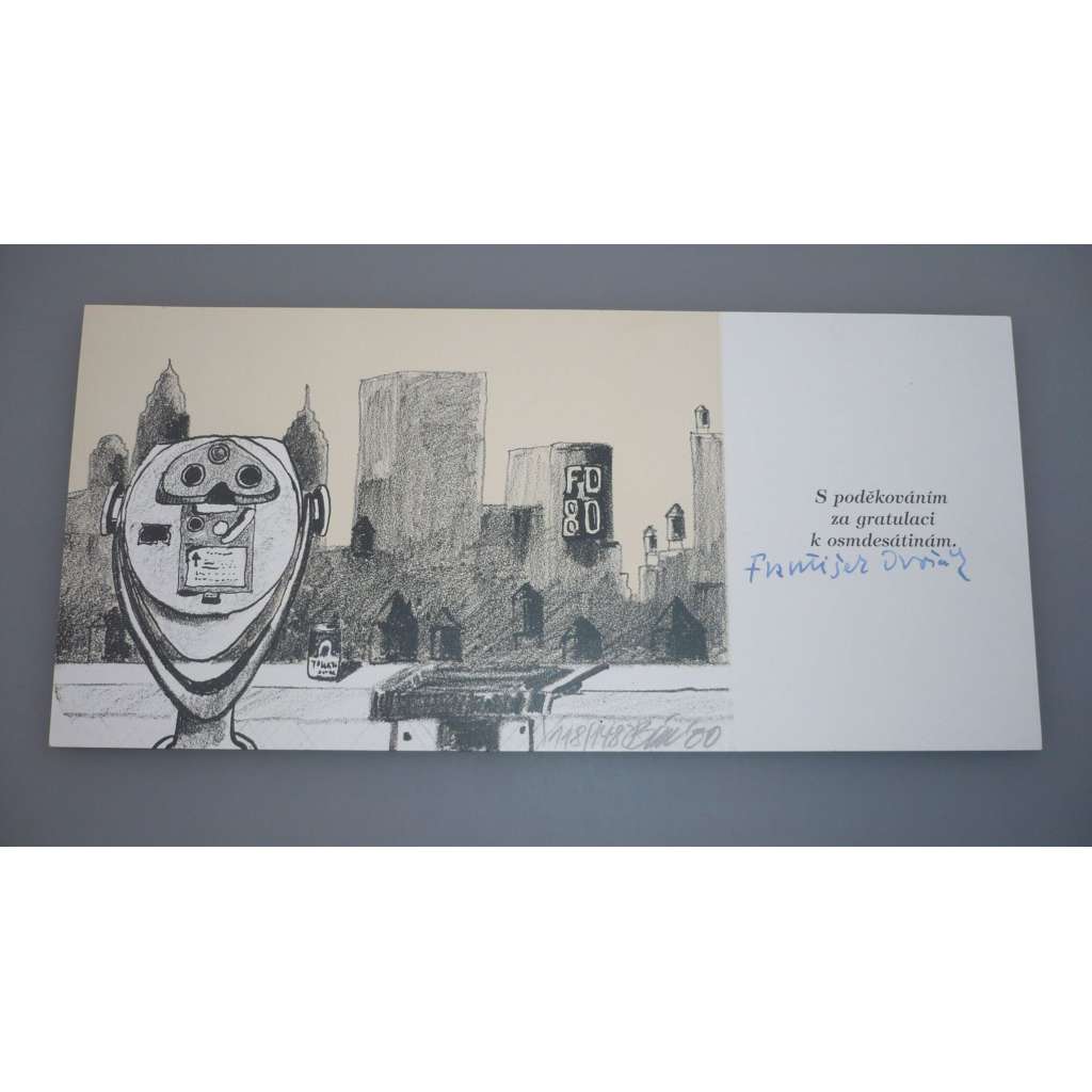 Tomáš Bím (1946) - Dalekohled na Manhattanu (poděkování prof. Dvořákovi k 80. nar.) - Litografie, signovaná grafika 2000