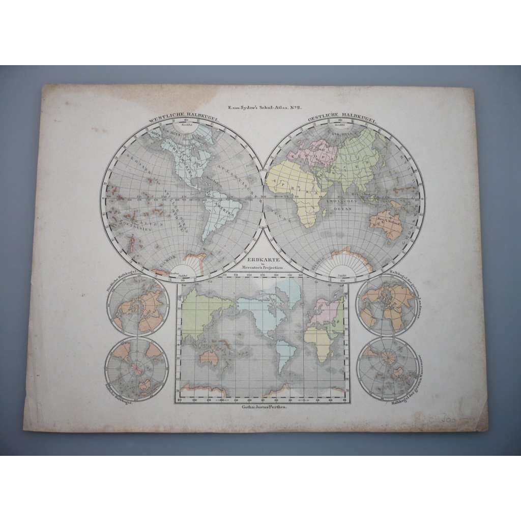 Mapa světa v Mercatorově zobrazení - list z atlasu Sydow s Schul-Atlas - vyd. Justus Perthes Gotha (cca 1880)