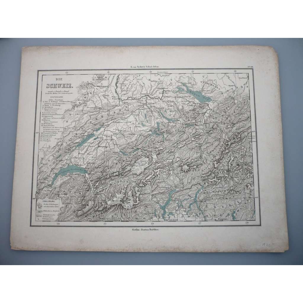 Švýcarsko - list z atlasu Sydow s Schul-Atlas - vyd. Justus Perthes Gotha (cca 1880)