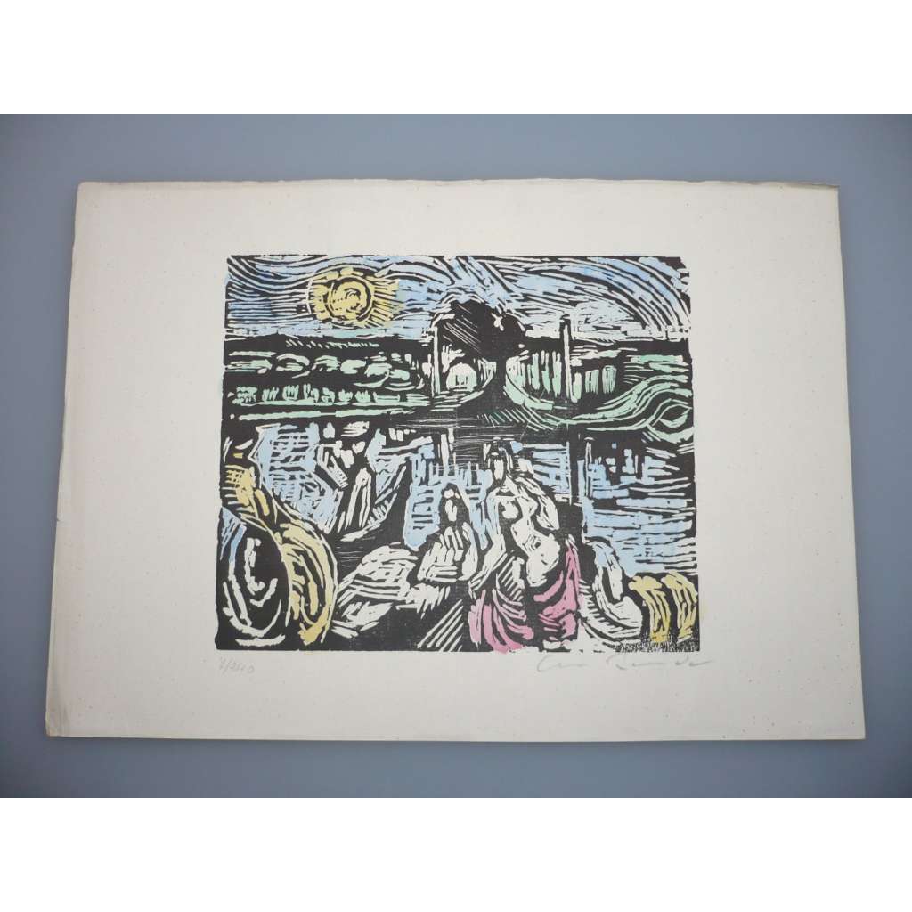 Jan Bauch (1898 - 1995) - Ženy u vody - Kolorovaný linoryt, signovaná grafika