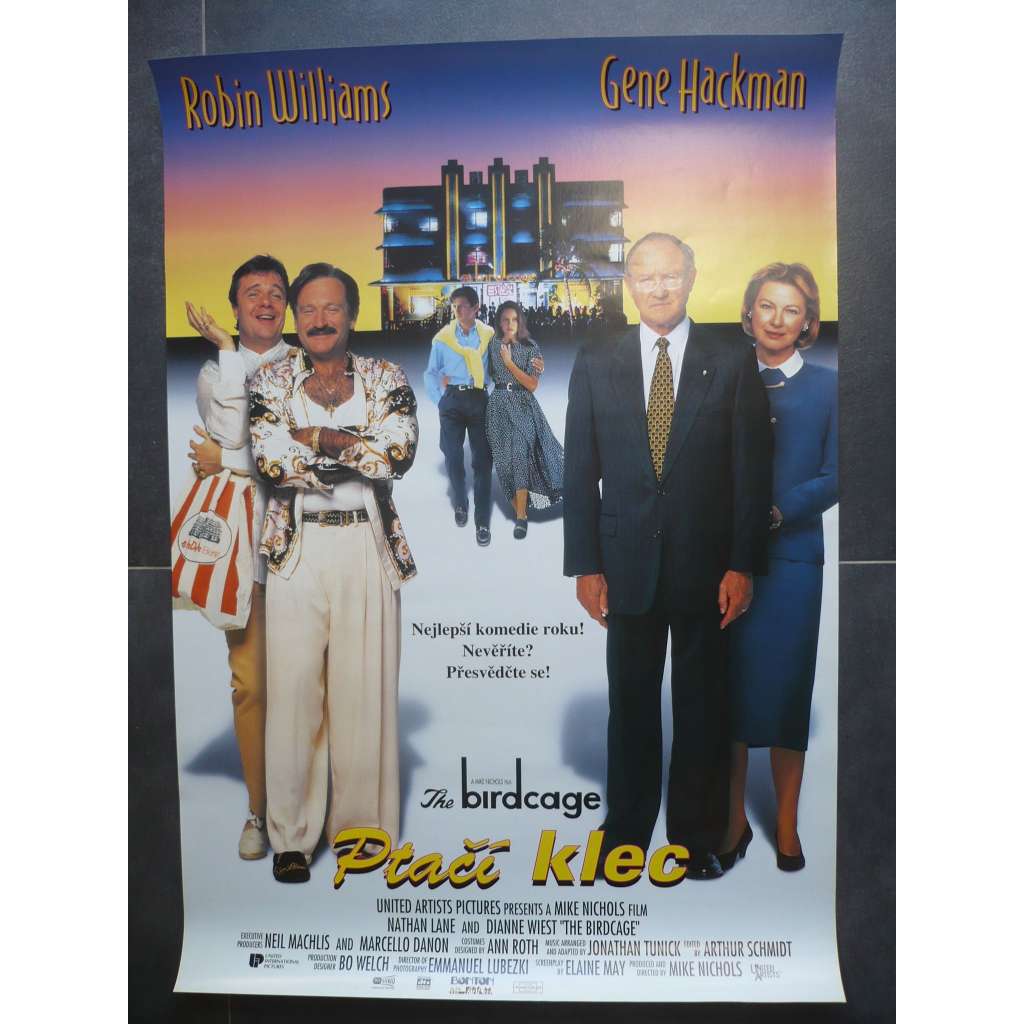Ptačí klec (filmový plakát, film USA 1996, režie Mike Nichols, Hrají: Robin Williams, Gene Hackman, Nathan Lane)