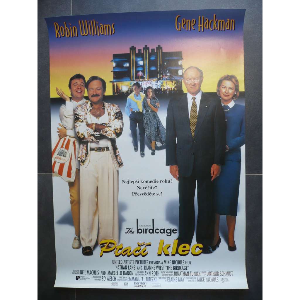 Ptačí klec (filmový plakát, film USA 1996, režie Mike Nichols, Hrají: Robin Williams, Gene Hackman, Nathan Lane)