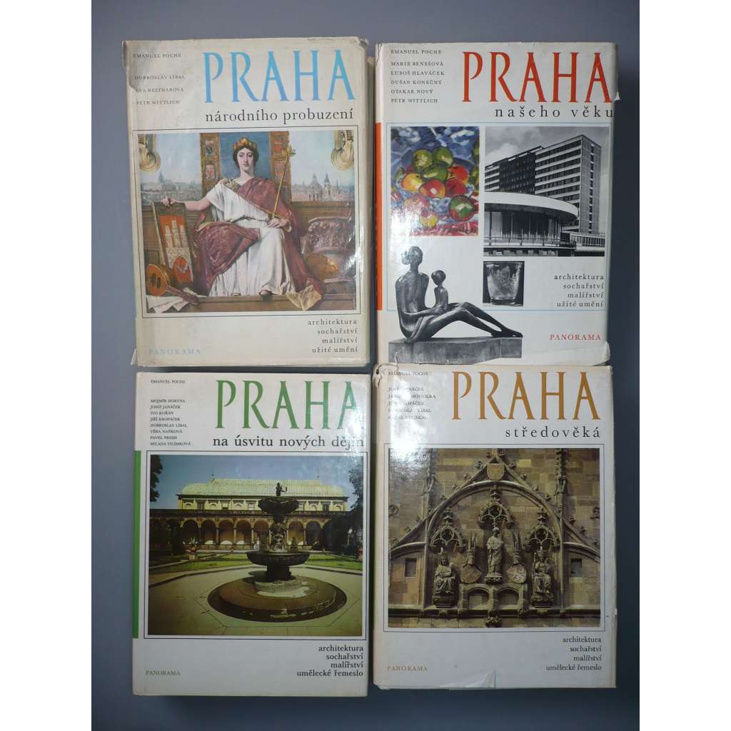 PRAHA - KOMPLET 4 SVAZKŮ - Čtvero knih o Praze. Architektura, sochařství, malířství, umělecké řemeslo. Praha středověká, Na úsvitu nových dějin, Praha národního probuzení, Praha našeho věku