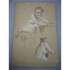 Josef Mařatka (1874 - 1937) - Studijní kresba + autoportrét - kresba tužkou a bělobou, grafika cca 1890, signováno