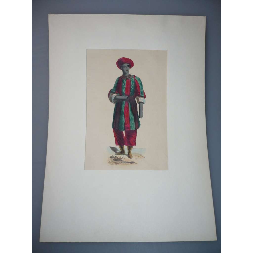 Král z Bousssa v Nigérii - kolorovaný dřevoryt, grafika, nesignováno