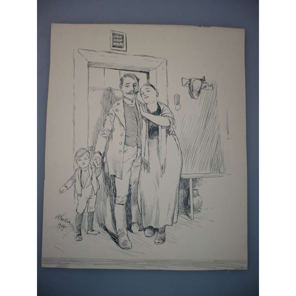 Oldřich Cihelka (1889 - 1958) - Šťastná rodina  - kresba 1914, grafika, signováno