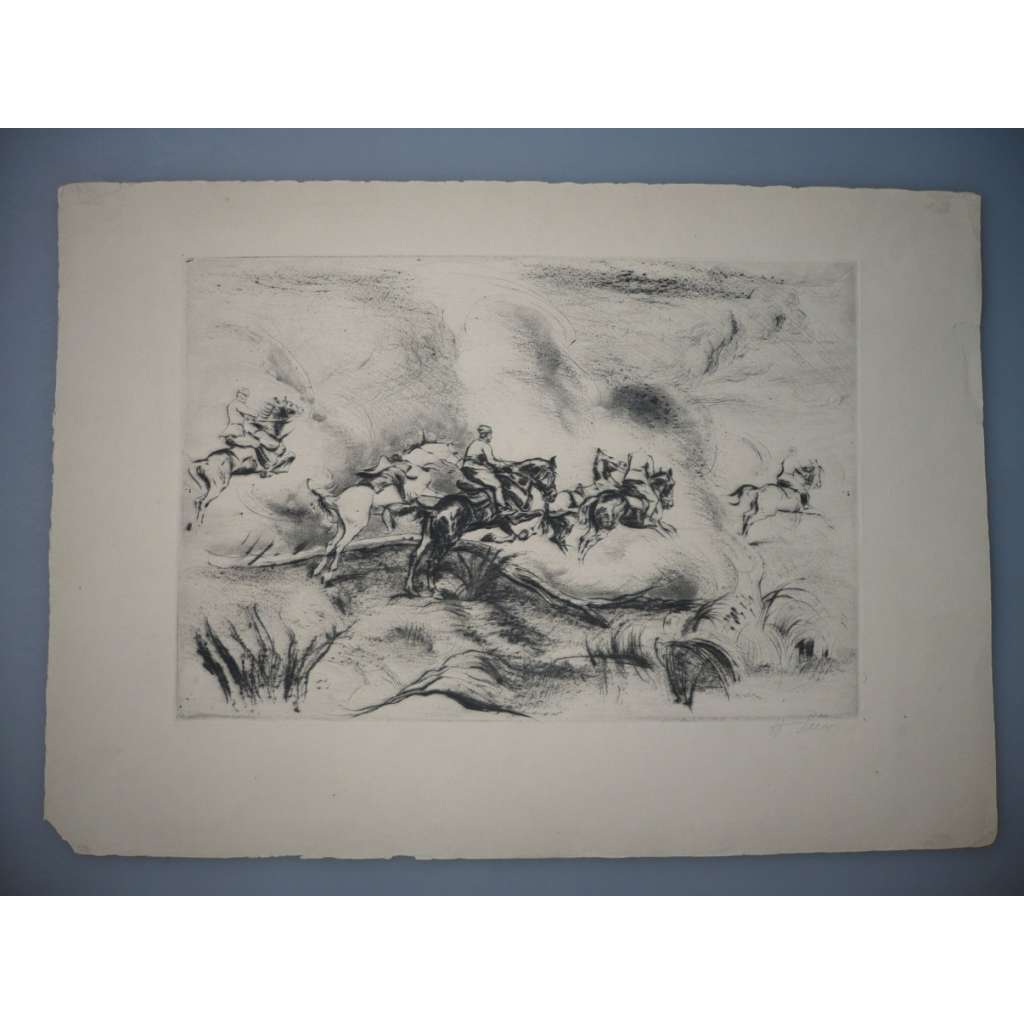 Alex Adolf Jelínek (1890 - 1957) - Vojenská jízda - lept, grafika, signováno