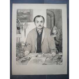 Václav Fiala (1896 - 1980) - Autoportrét v ateliéru - litografie, grafika, signováno