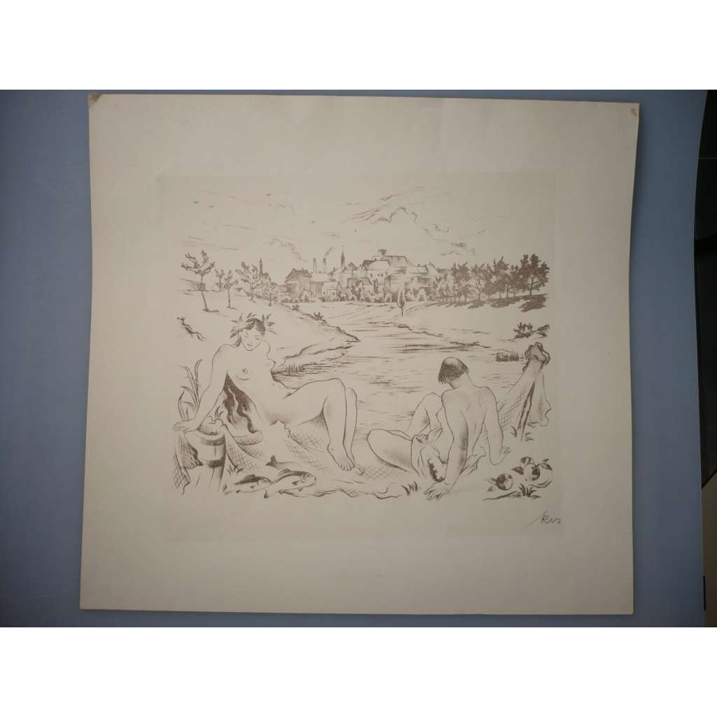 Bohumil Krs (1890 - 1962) - Koupání v čece - litografie, grafika, signováno