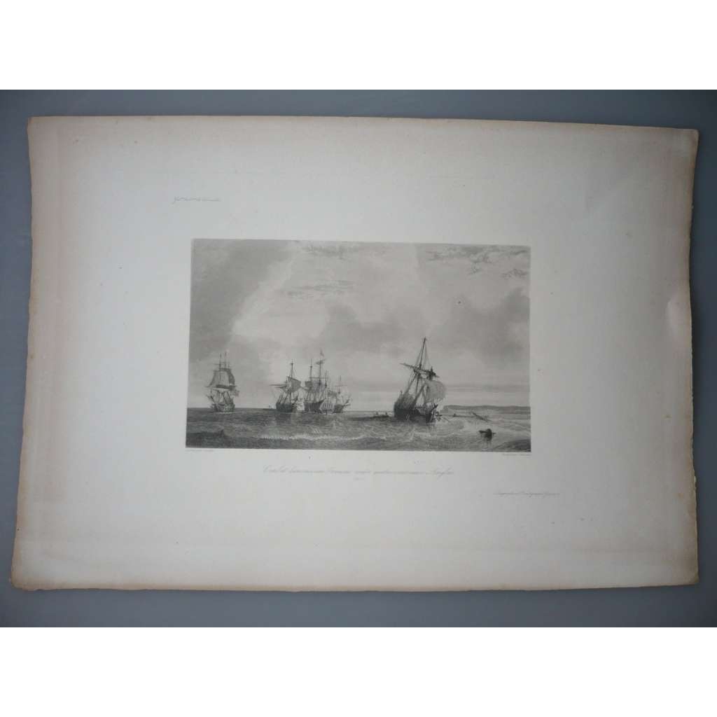 Gravé par Chavave: Combat Vaisseau Francais contre Quatre Anglais Marine [námořní bitva, lodě] - oceloryt 1838, grafika, nesignováno